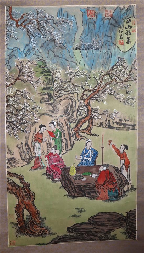 A Chinese scroll painting of figures in a landscape, and two other scrolls